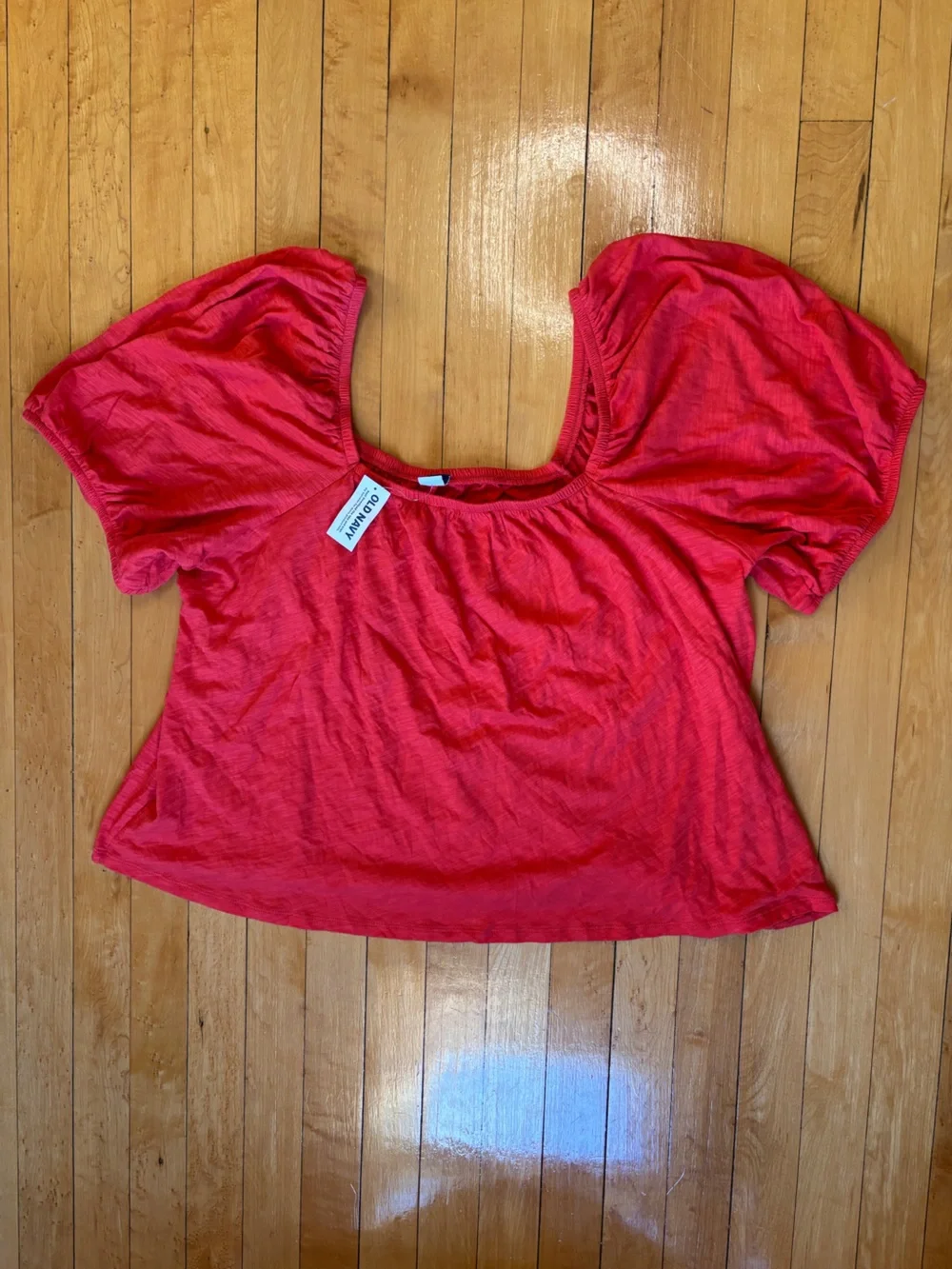NWT Old Navy Short Puff-Sleeve Square-Neck Cotton Slub-Knit Red Top, Women’s XXL